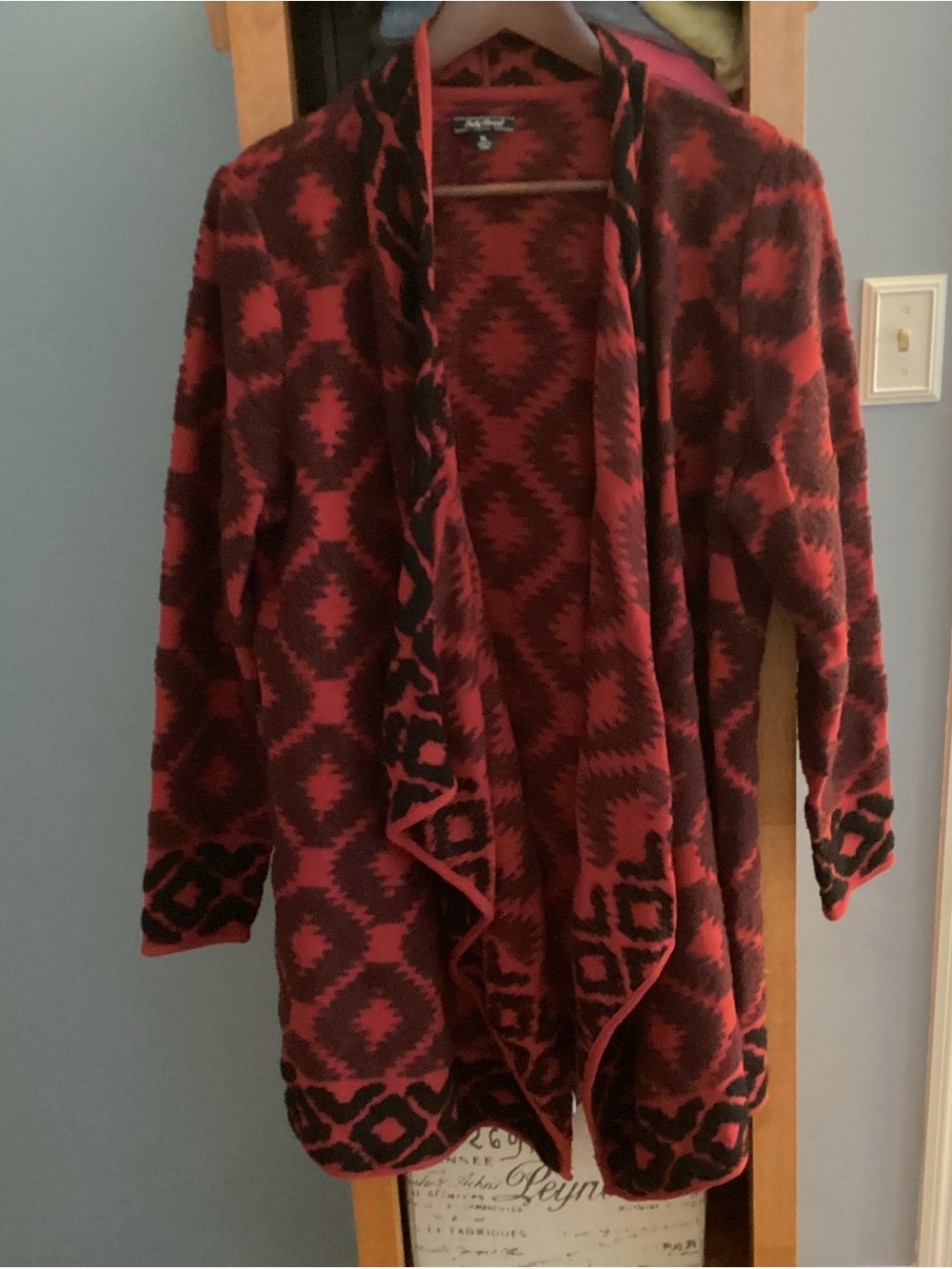 Lucky Brand Red and Brown Geometric Open-Front Cardigan